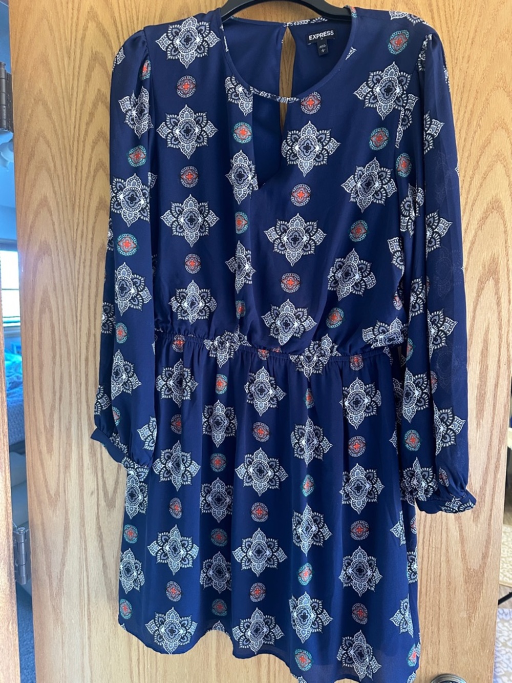 Express Navy Blue Medallion Print Long Sleeve Dress